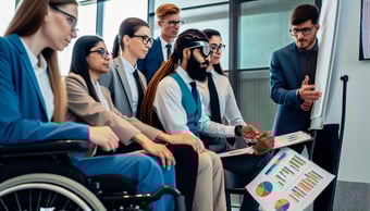 a group of employees including at least one in a wheelchair looking at data being presented on a chart